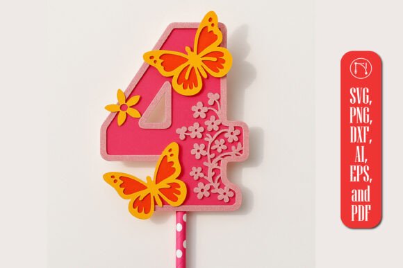 3D Butterfly Number 4 Topper SVG for Life Events and Celebrations