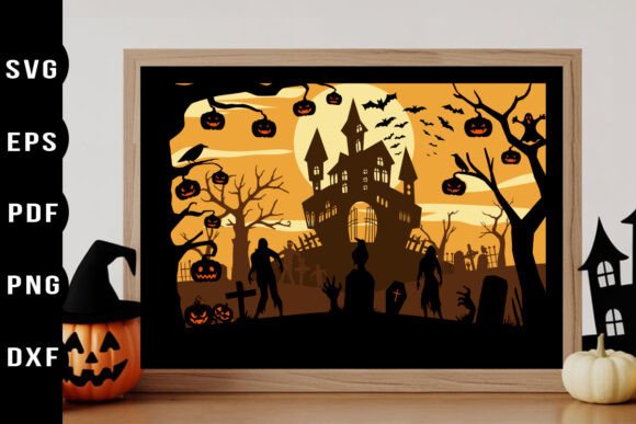3D Haunted House Graveyard Shadow Box: A Spooky Graphic Design Asset