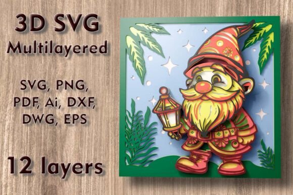 3D SVG Gnome with Lantern for Festive Shadow Box Branding