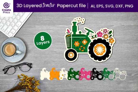 3D SVG Layered Floral Tractor for Home Décor Crafts