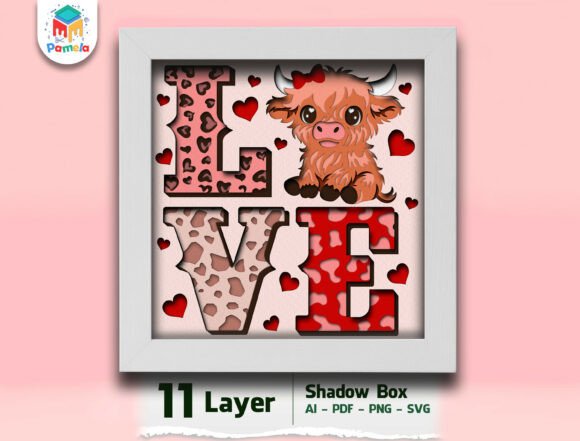 3D SVG Valentine's Day Design Review: LOVE Highland Cow Shadow Box
