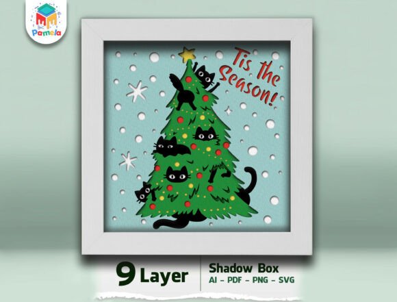 Black Cat Christmas Tree Shadow Box 3D SVG for Holiday Marketing