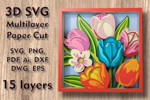 Tulips 3D SVG Shadow Box PaperCut Files for Crafters
