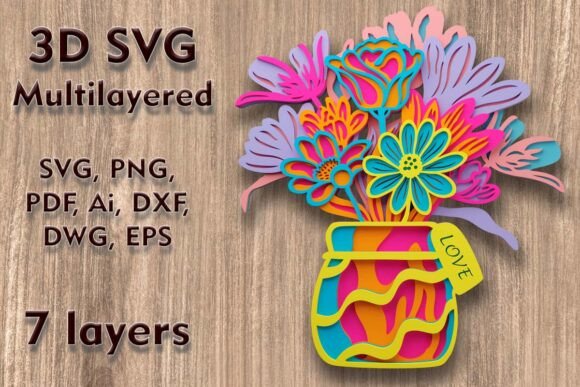 Vase with Flowers 3D SVG Multilayer File for Creative Branding
